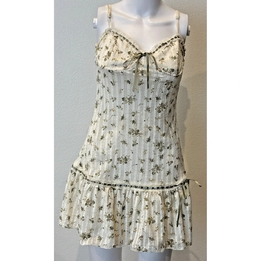 Vintage Y2K Floral Milkmaid Coquette Mini Dress Size M Ivory Romantic Cottage